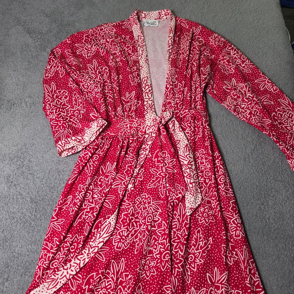 Joan Collins Womens L Vintage Wrap Robe Red White Floral Abstract Loungewear